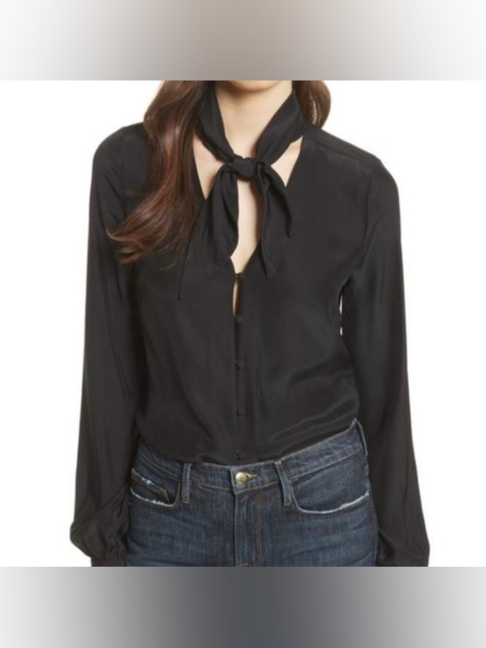Frame V neck tie neck long sleeve blouse in black silk size XL